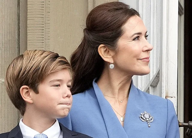 Princess Isabella wore a Kaleidoscope button multi swirl floral blouse by Zimmermann. Crown Princess Mary and Princess Josephine