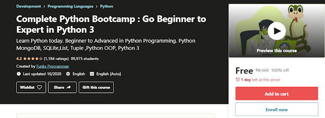 11 Hours Complete Python Bootcamp : Go Beginner to Expert in Python 3 Course worth Rs. 9000 Free With Professional Certificate