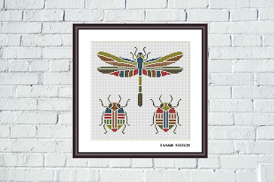 Stained glass terracotta dragonfly cross stitch cute insects embroidery - Tango Stitch