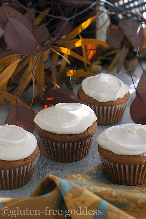 Gluten-free pumpkin cupcakes with maple cream cheese icing.