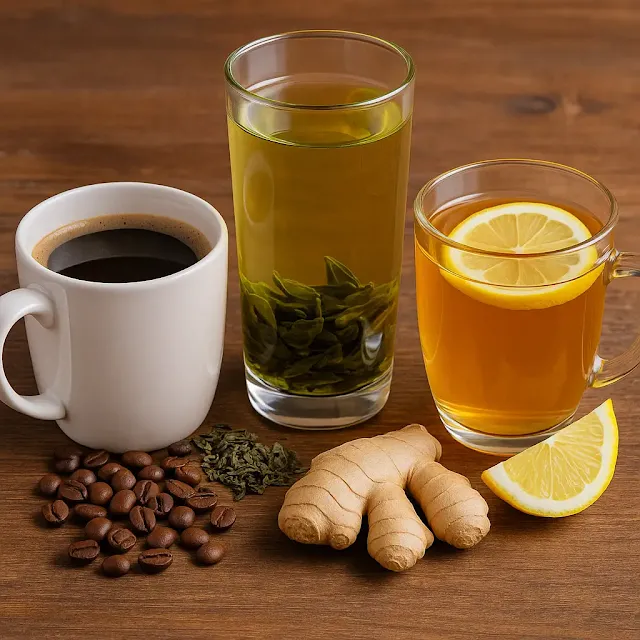 Tres bebidas naturales: té verde, café negro y agua con limón y jengibre, sobre fondo limpio, representando opciones saludables que activan el metabolismo y aportan antioxidantes.