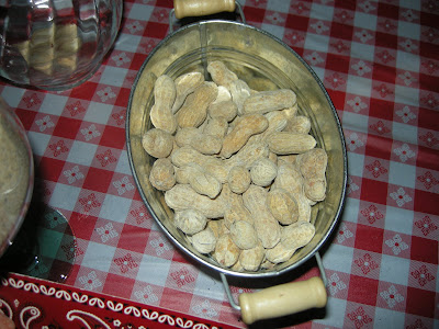 The food table had burlap overlays with red bandannas tied together to make