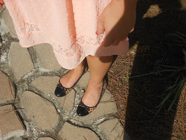 peach dress leopard flats navy polka dot blazer green and peach necklace outfit fall summer transforming 