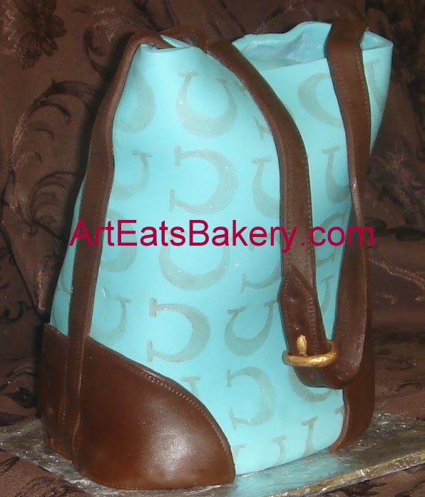 3D Tiffany blue and brown fondant custom coach purse birthday cake with 