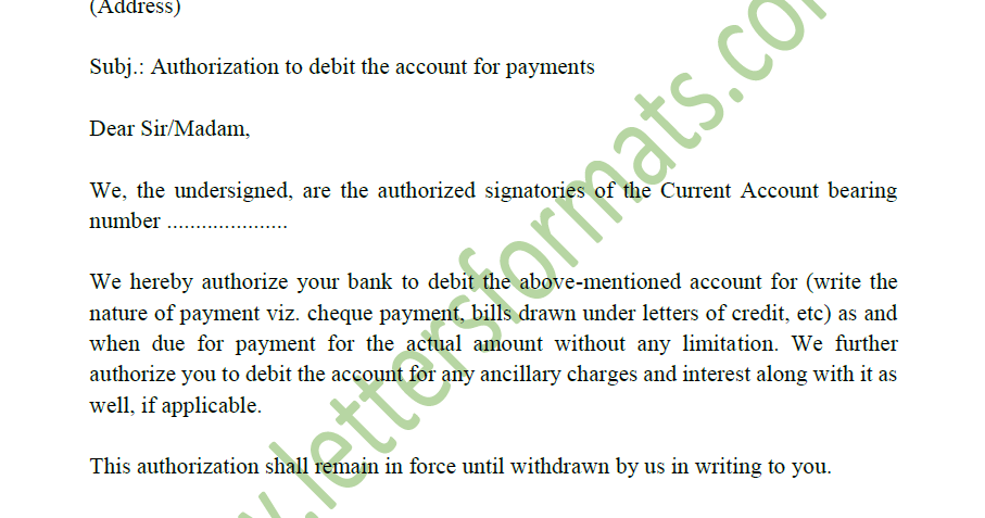 Sample Authorization Letter To Debit Bank Account For Payment