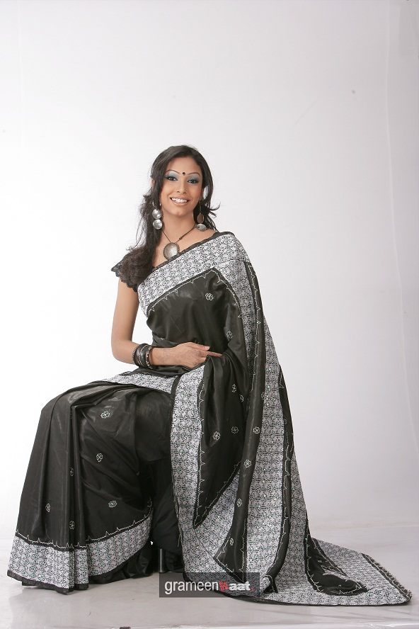 glossy black saree