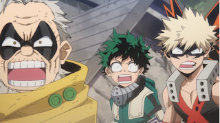 Gran Torino, Izuku and Bakugo standing with their jaws dropped a look of utter shock on their face.