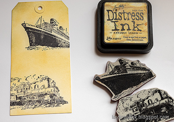 Layers of ink - Vintage Vehicles Tag Tutorial by Anna-Karin Evaldsson. Stamp with Tim Holtz Travel Ways set.