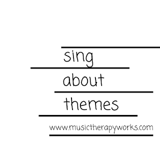 five black lines with the words sing about themes and the website address, www.musictherapyworks.com