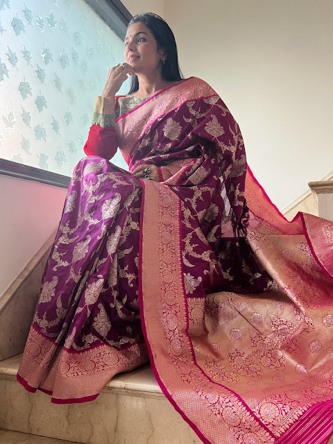 Aubergine colored saree with fuschia paisley jaal