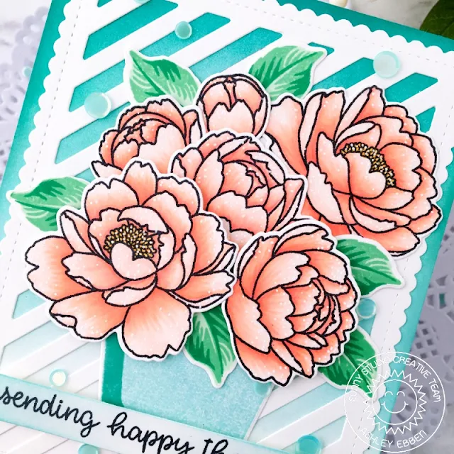 Sunny Studio Stamps: Potted Rose Pink Peonies Frilly Frame Dies Happy Thoughts Everyday Card by Ashley Ebben