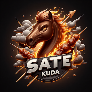 Logo sate kuda dengan ilustrasi tusuk sate berasap dan elemen kepala kuda modern.