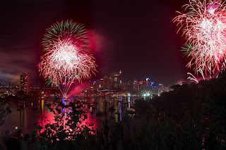 red and pink fire works in australia on new year eve