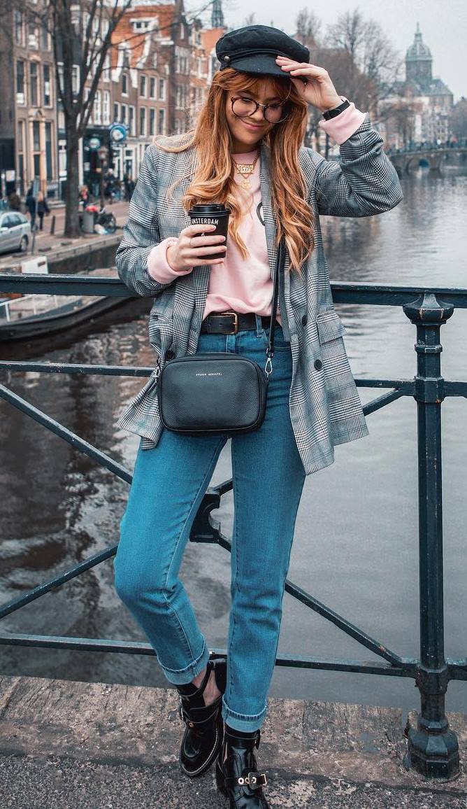 casual style perfection / jeans + boots + plaid blazer + pink sweatshirt + crossbody bag + hat