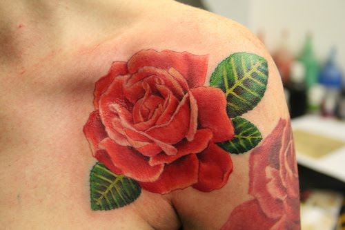 Black and Gray ink Rose Tattoo design on girls left shoulder