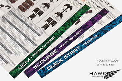 UCM and Scourge reference sheets with stats, army composition and quick reference tables and Starter scenario and turn sequence prompt sheet