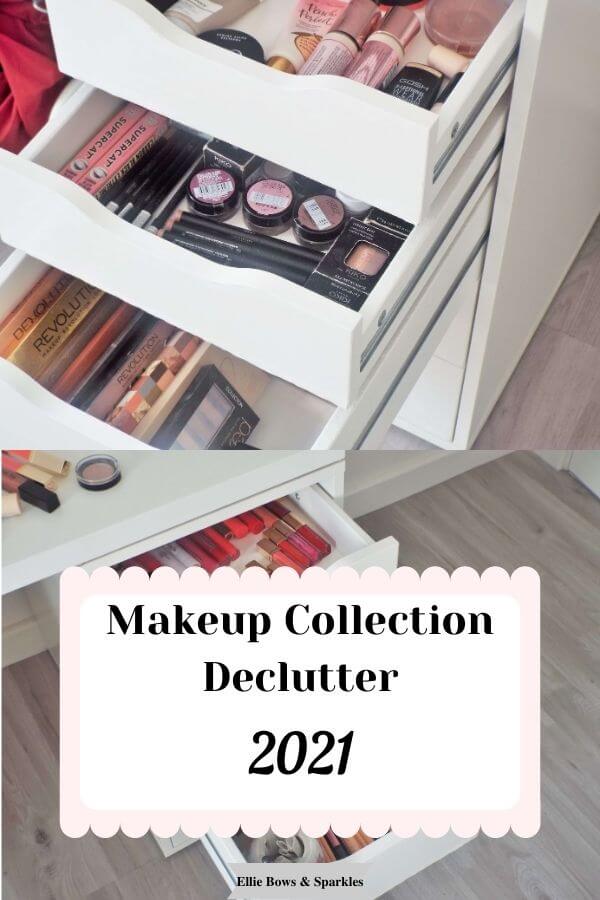 Pinterest pin, featuring frilly pink title card and two pictures of makeup in draws from the post, to save and pin the blog post Makeup Collection Declutter | 2021.
