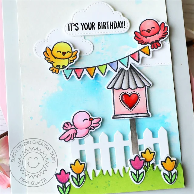 Sunny Studio Stamps: Little Birdie Card by Isha Gupta (featuring Picket Fence Dies, Fluffy Cloud Dies)