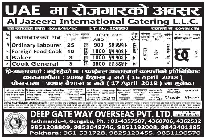 Jobs in UAE for Nepali, Salary Rs 99,365