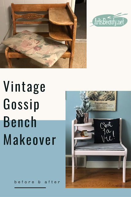 Vintage Gossip Bench Makeover before and after using General Finishes Milk Paint in ballet pink and black and white striped fabric