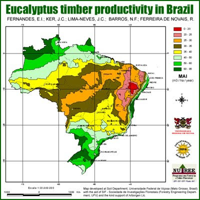 Eucalyptus Timber Productivity in Brazil, courtesy of Universidade Federal de Viçosa and Arborgen / Mapa de Productividad Forestal del Eucalipto en Brasil, cortesia de la Universidad Federal de Viçosa y Arborgen / Gustavo Iglesias Trabado, Roberto Carballeira Tenreiro and Javier Folgueira Lozano / GIT Forestry Consulting SL, Consultoría y Servicios de Ingeniería Agroforestal, Lugo, Galicia, España, Spain / Eucalyptologics, information resources on Eucalyptus cultivation around the world / Eucalyptologics, recursos de informacion sobre el cultivo del eucalipto en el mundo