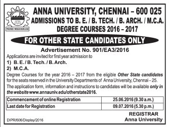 TNEA 2016 : Other State Candidates Quota for BArch / BE / BTech / MCA Admissions 2016