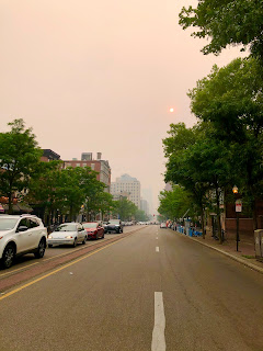 The view westward up Market Street under a smoky, pink sky.  The sun is an orange pink sphere at the top right, above a row of green trees.