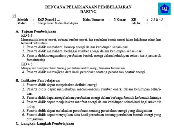 Contoh RPP Daring IPA Kelas 7 Tentang Energi (Dilengkapi Lembar Kerja Percobaan)