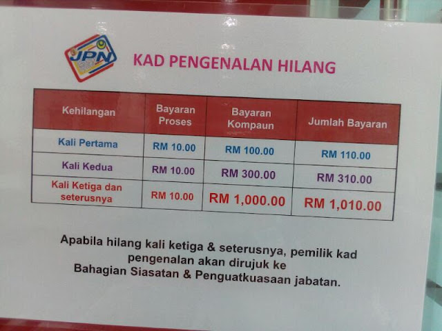 harga untuk kad pengenalan, kad pengenalan baru, cas tukar kad pengenalan, kalau kad pengenalan hilang, harga tukar ganti, kali kedua, ketiga dan seterusnya