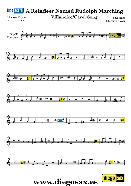 diegosax partituras Rudolph the Red-Nosed Reindeer Partitura El Reno Rodolfo Partitura para Flauta, Violín, Saxofón Alto, Trompeta, Viola, Oboe, Clarinete, Saxo Tenor, Soprano, Trombón, Fliscorno, Violonchelo, Fagot, Barítono, Trompa, Tuba Elicón y Corno Inglés Partitura de Villancicos Populares 