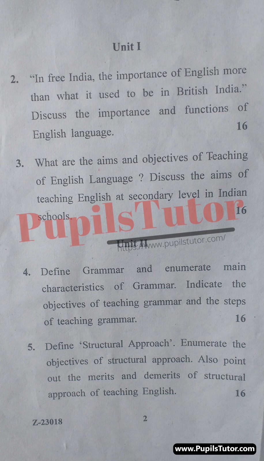 Chaudhary Ranbir Singh University (CRSU), Jind, Haryana B.Ed Teaching Of English (English Pedagogy) First Year Important Question Answer And Solution - www.pupilstutor.com (Paper Page Number 2)