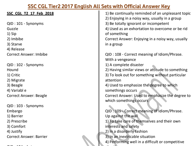 SSC CGL English Questions PDF Download