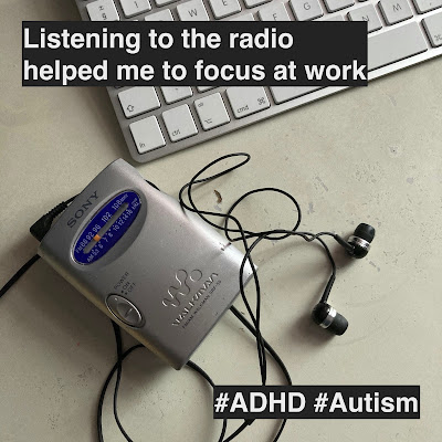 Personal radio, in-ear headphones and computer keyboard on a workbench. The words "Listening to the radio helped me to focus at work. ADHD. Autism"