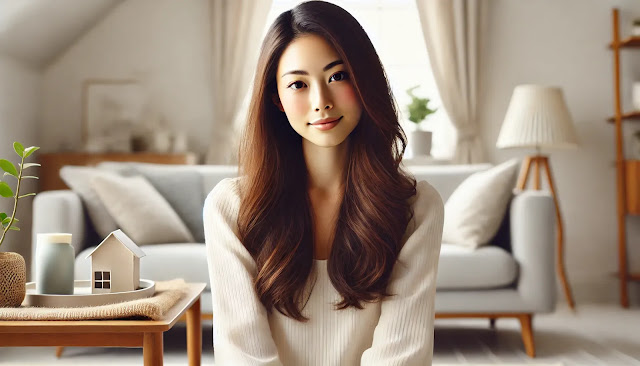 28歳のロングヘアーでスタイルの良い日本人女性が、明るく整ったシンプルな部屋でリラックスし、ミニマリズムとメンタルヘルスの効果を体現している様子。自然光が差し込む空間で、心の平穏と幸福感を感じさせるシーン。