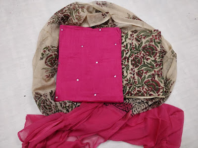 Hyderabadi block print cotton dress material. With mirror work top and chiffon dupatta. 