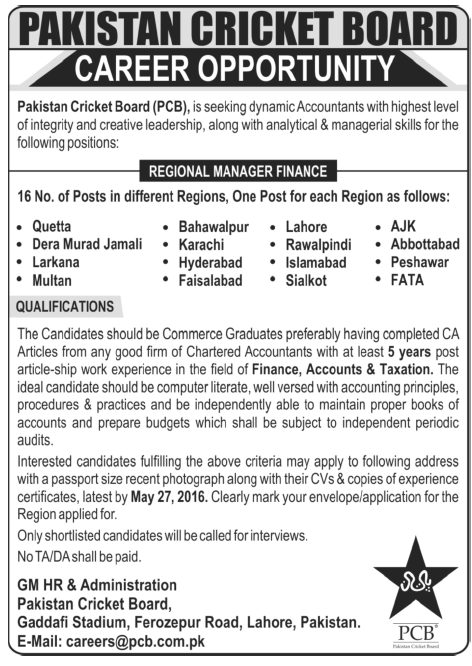 Jobs In Pakistan Cricket Board 2016