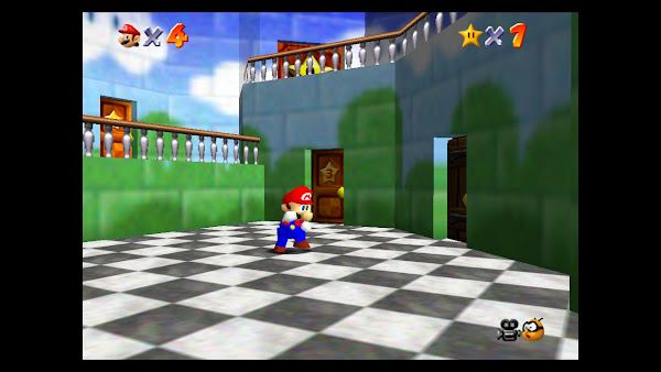 Super Mario 3D All Stars screen shot - Mario runs across Princess Peach's castle foyer. The floor is grey and white checks and the walls are a mural of trees on a blue sky with clouds.