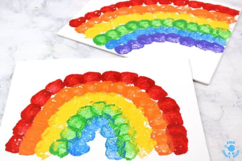Rainbow cotton ball painting - fun art ideas for kids