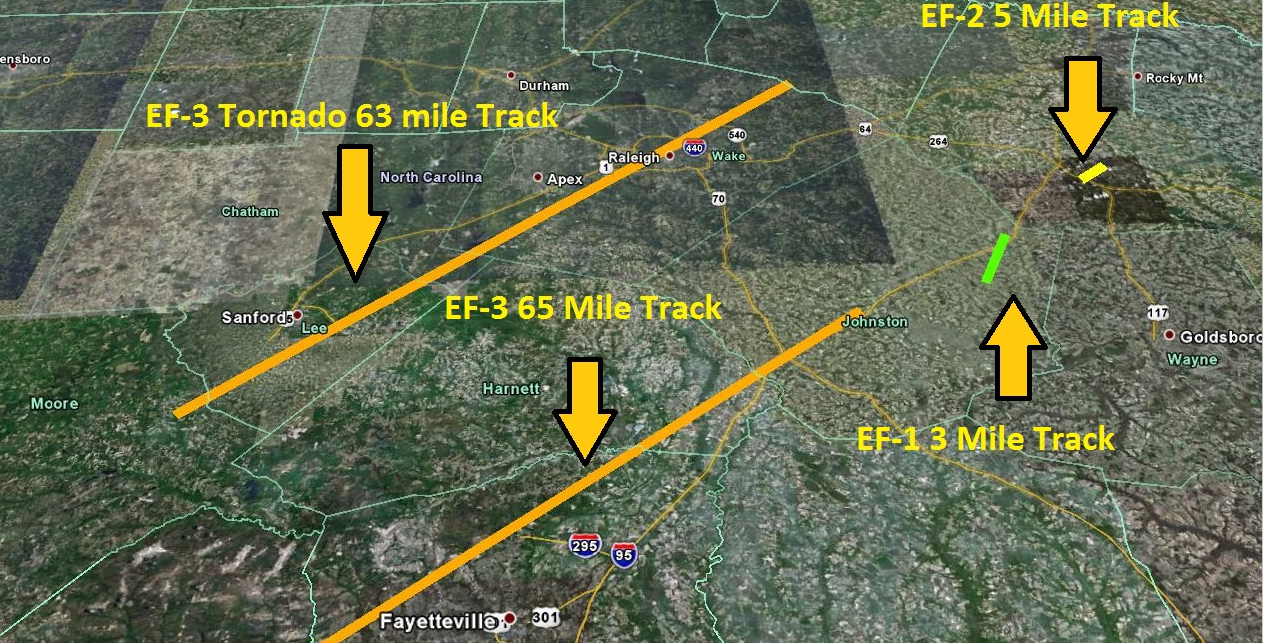 North Carolina EF3 Tornado Confirmed Tracks