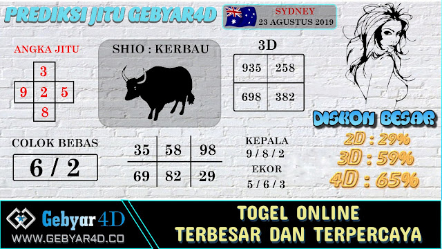 Prediksi Togel Jitu Pasaran Sydney - JUMAT, 23 AGUSTUS 2019