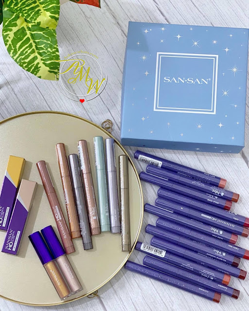 a photo of San San Cosmetics NEW Products Releases.  New San San HD Stellar Eyes Color Cream Pen review, HD Lip Crayons review and HD Ethereal Glow Highlighter.