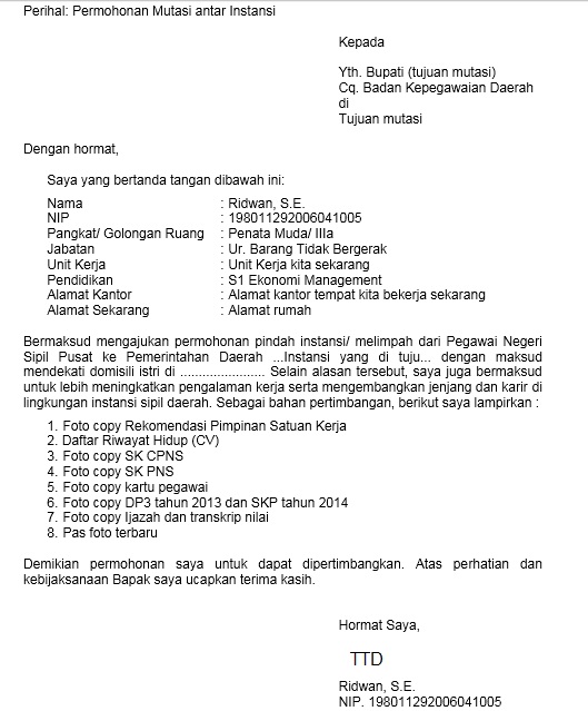 Contoh Surat Permohonan Mutasi Ke Tempat Tujuan  Contoh Surat