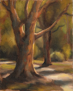 Oil painting of two eucalypts separated by a path.