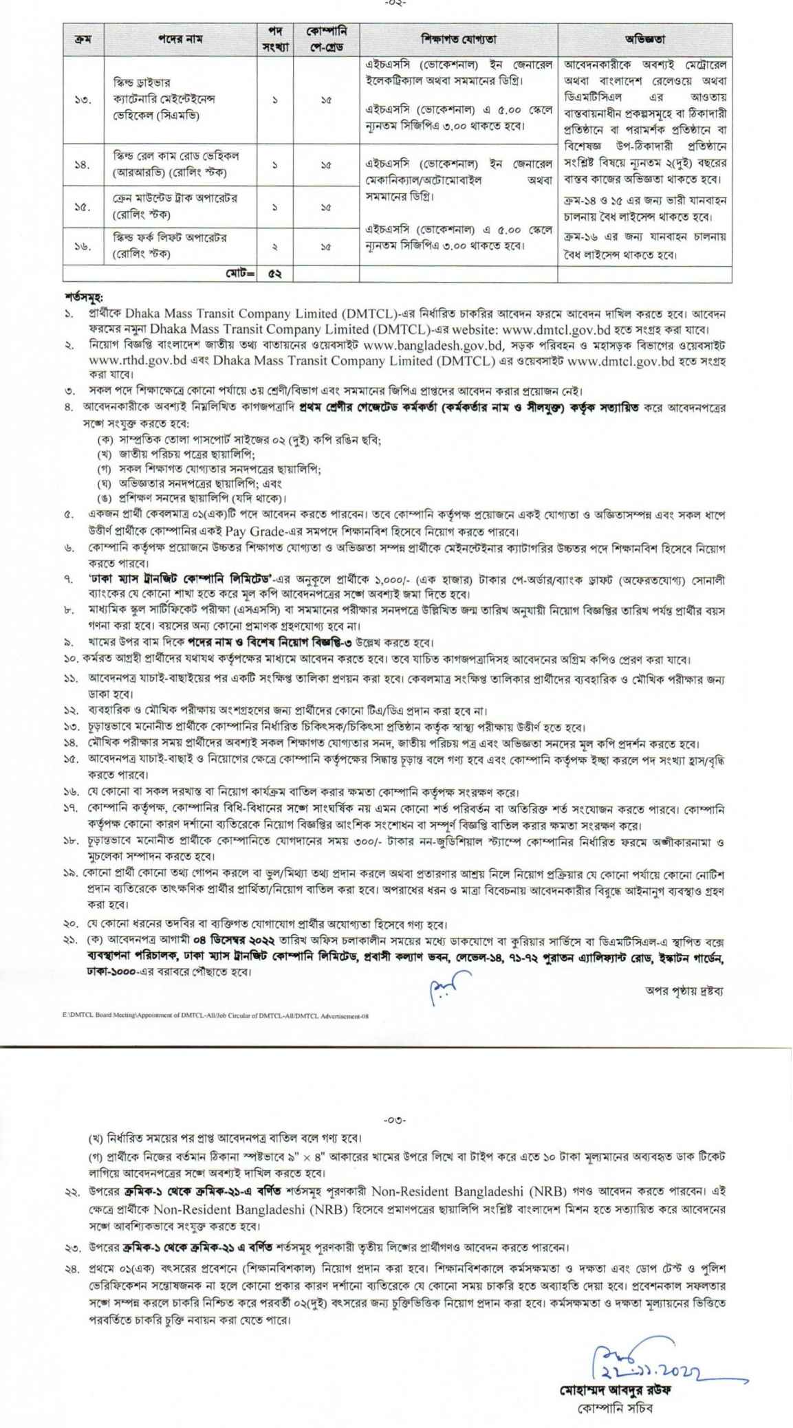 ৫২ পদে ঢাকা মেট্রোরেল কোম্পানিতে নিয়োগ বিজ্ঞপ্তি ২০২২