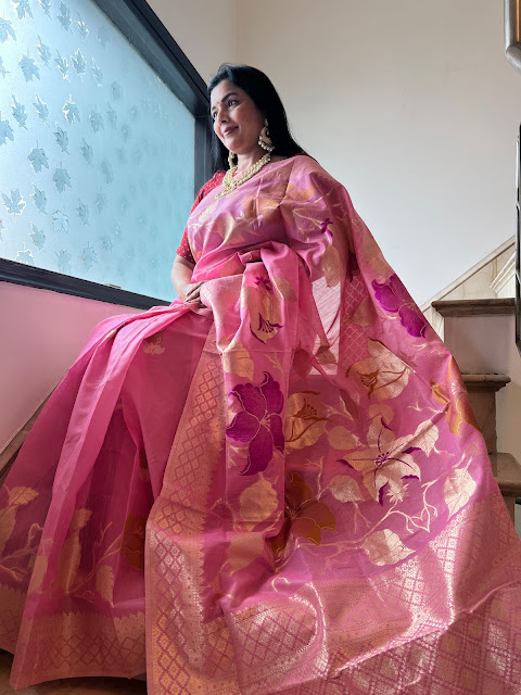 Pink & gold chanderi saree