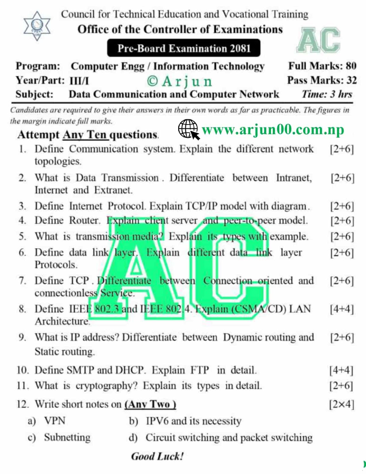 Data Communication and Networks :- 2081 Question Paper of Fourth Semester, Diploma in Computer and Information-Technology-Engineering- DCOM-IT ,CTEVT, Diploma,  Data Communication and Networks __Question Bank, Question Bank of Fourth Semester, Data Communication and Networks, arjun00 , DCOM Question Bank, Data Communication and Networks 2081 All Question Paper