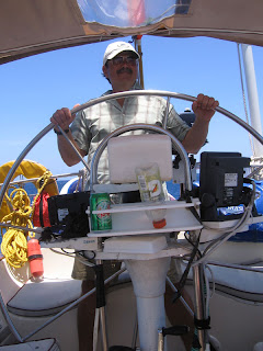 Me at the helm for the sail to Roatan's West End