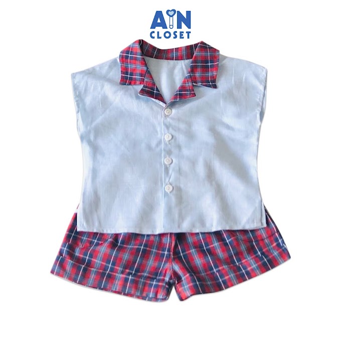 Mall Shop [ aincloset ] Bộ quần áo ngắn unisex Xanh họa tiết caro đỏ cotton - AICDBGIV68GS - AIN Closet