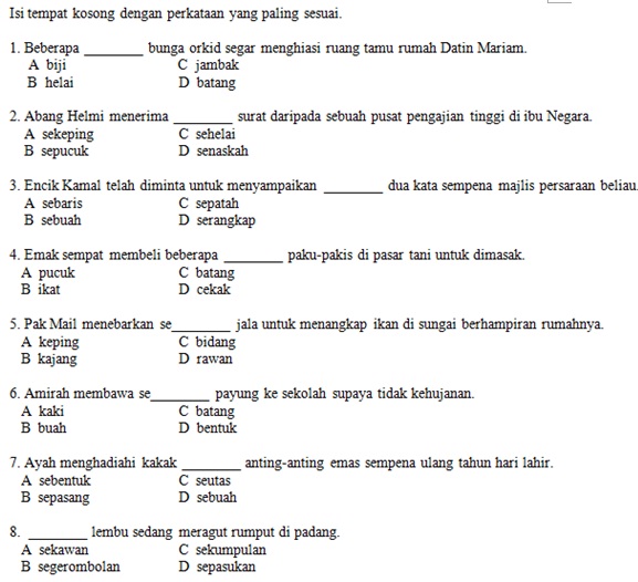 Bahasa Melayu Sekolah Rendah: Latihan Penjodoh Bilangan