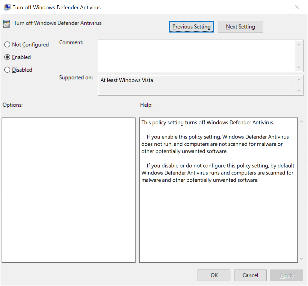 Group Policy - Turn off Windows Defender Antivirus